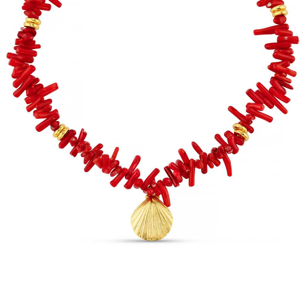 Red Coral Chip 
Shell Necklace