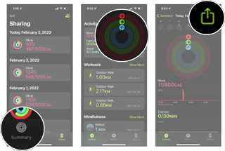 Share Your Activity on iPhone: Launch the Fitness app, tap Summary, tap your activity rings, and then tap the share button.