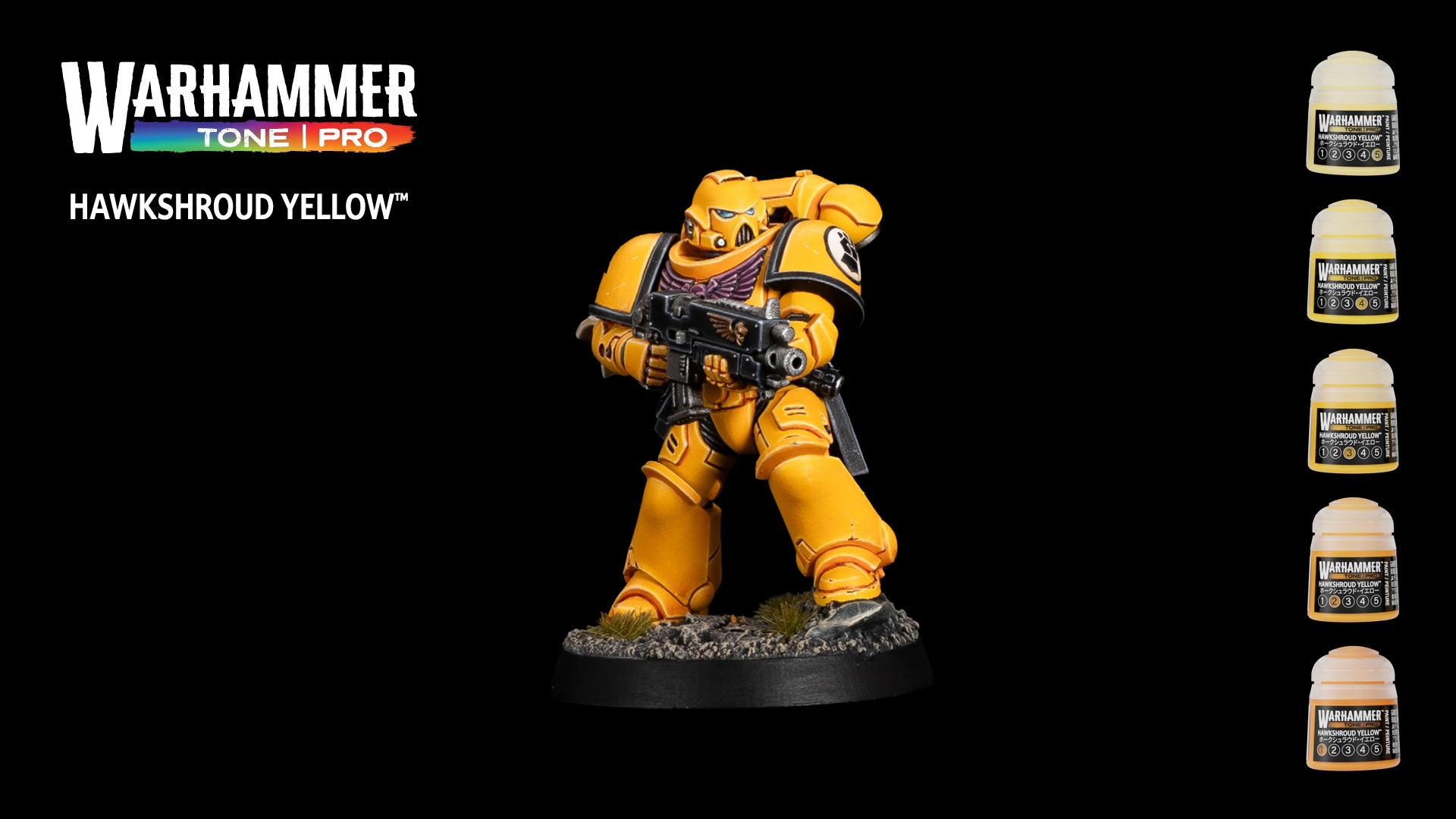 A Space Marine with the Warhammer Tone Pro logo and paint pots on a dark background