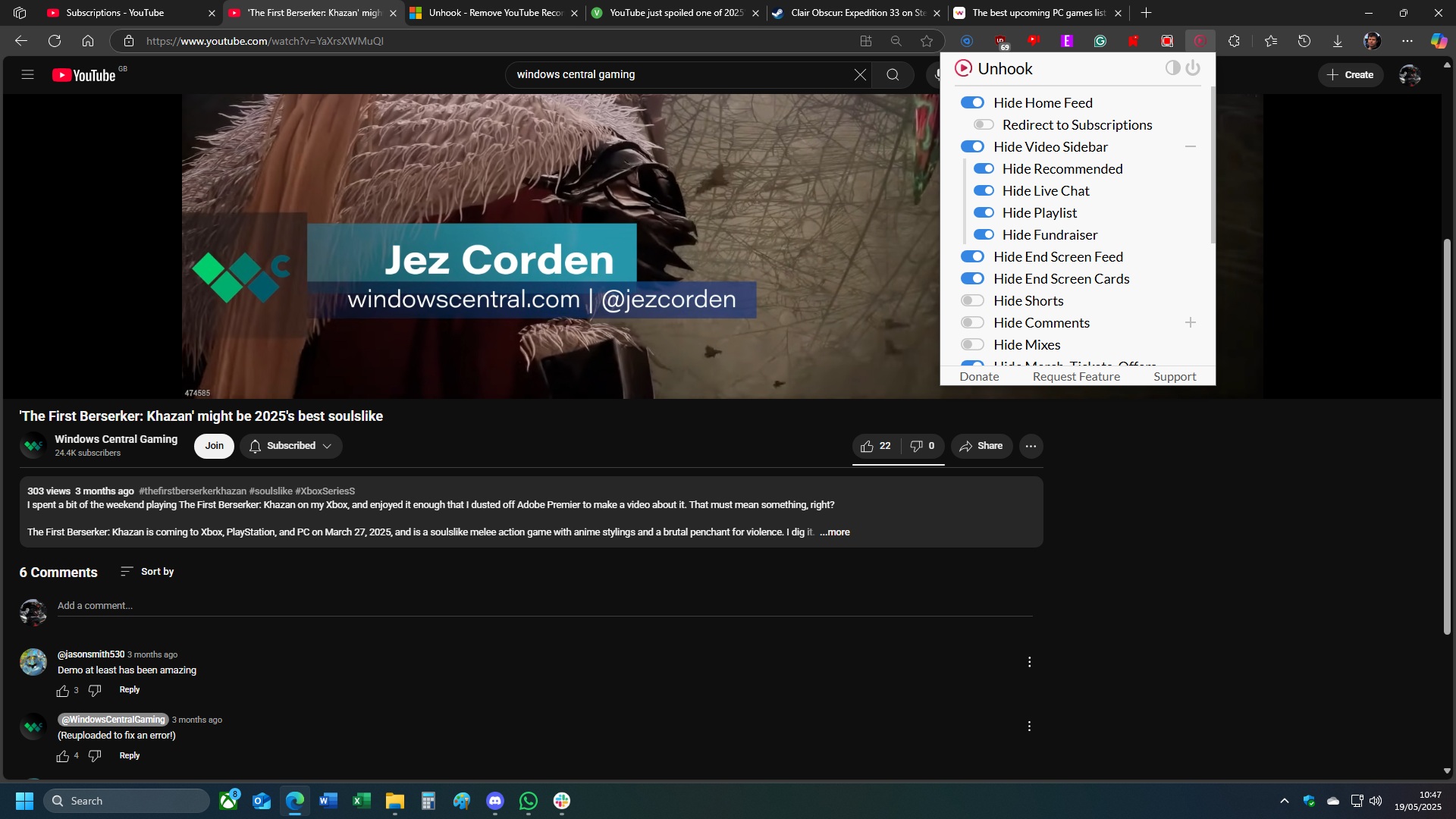 Screenshot demonstration of the Unhook browser extension