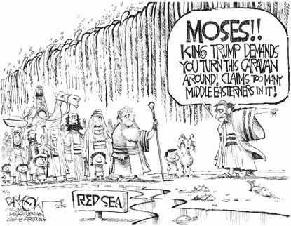 Political cartoon U.S. Trump migrant caravan red sea Moses Middle Easterners