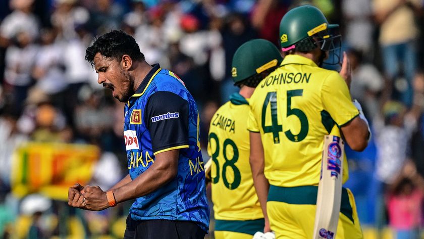 Sri Lanka&#039;s Maheesh Theekshana celebrates after his teams&#039;s win in the first ODI cricket match between Sri Lanka vs Australia 