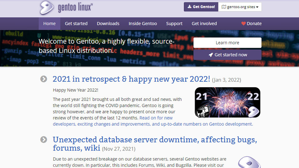 Website screenshot of Gentoo Linux