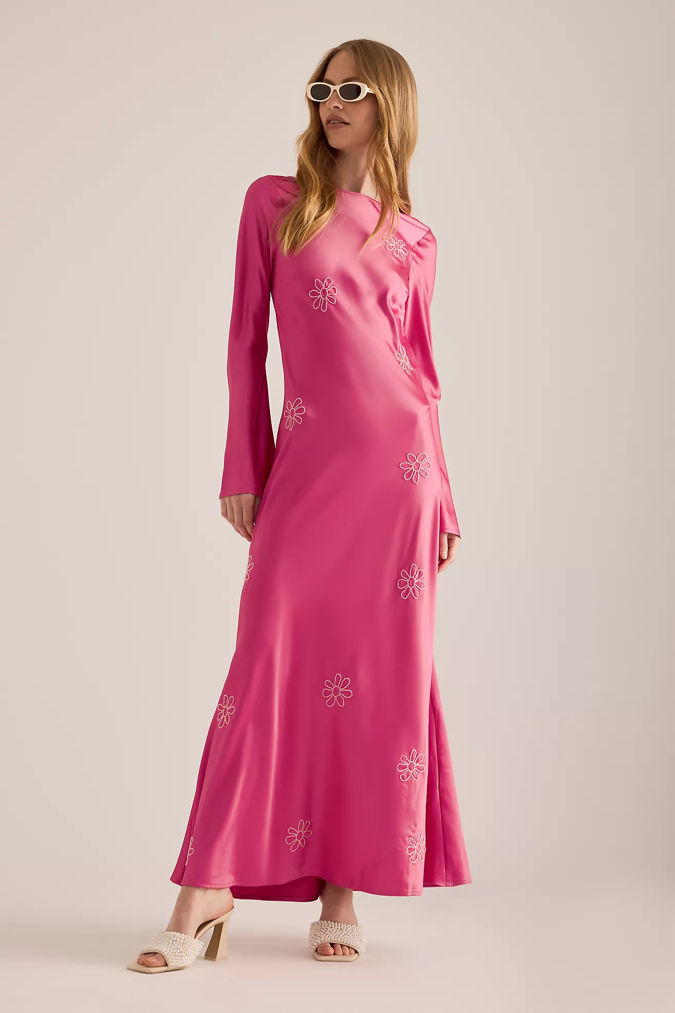 The Wolf Gang Zephora Beaded Flower Satin Maxi Dress
