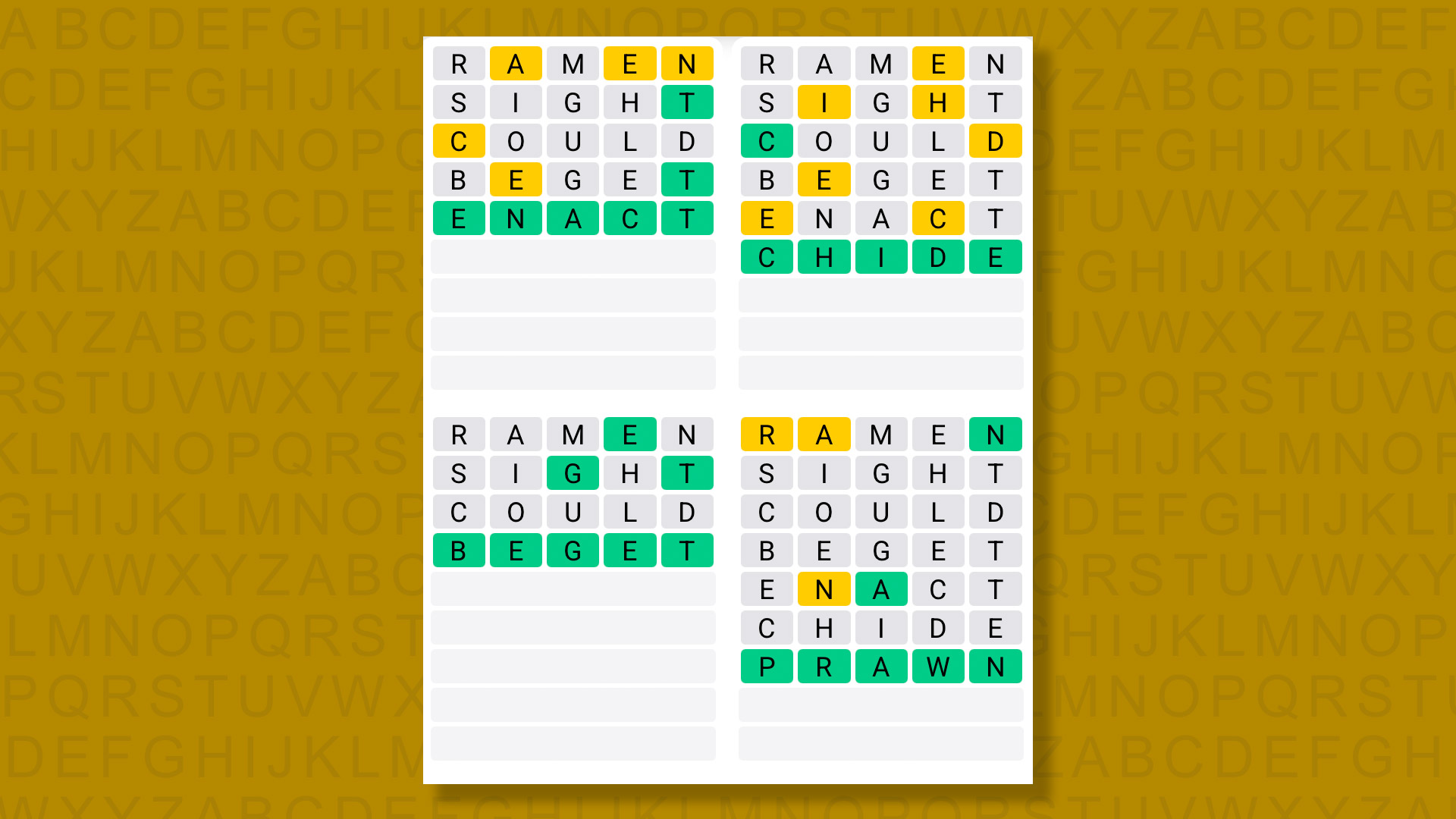 Quordle answers for game 1398 on a yellow background