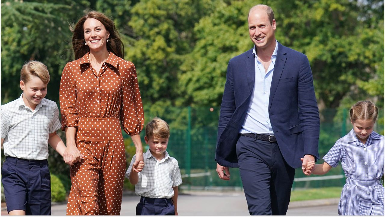 Princess Kate and Prince William walk their children, Prince George, Princess Charlotte, and Prince Louis, to school.