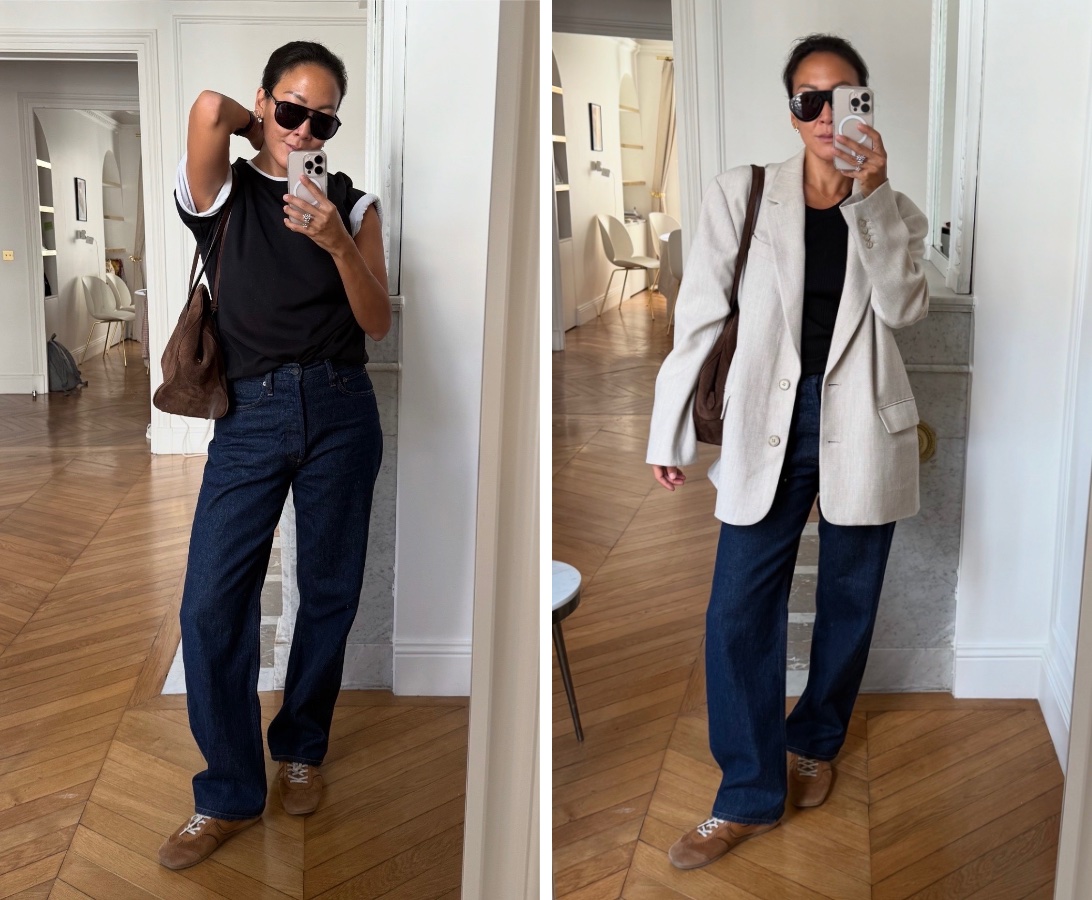 Irene Kim wearing a T-shirt, agolde jeans, and sneakers; Irene Kim wearing a blazer, agolde jeans, and sneakers