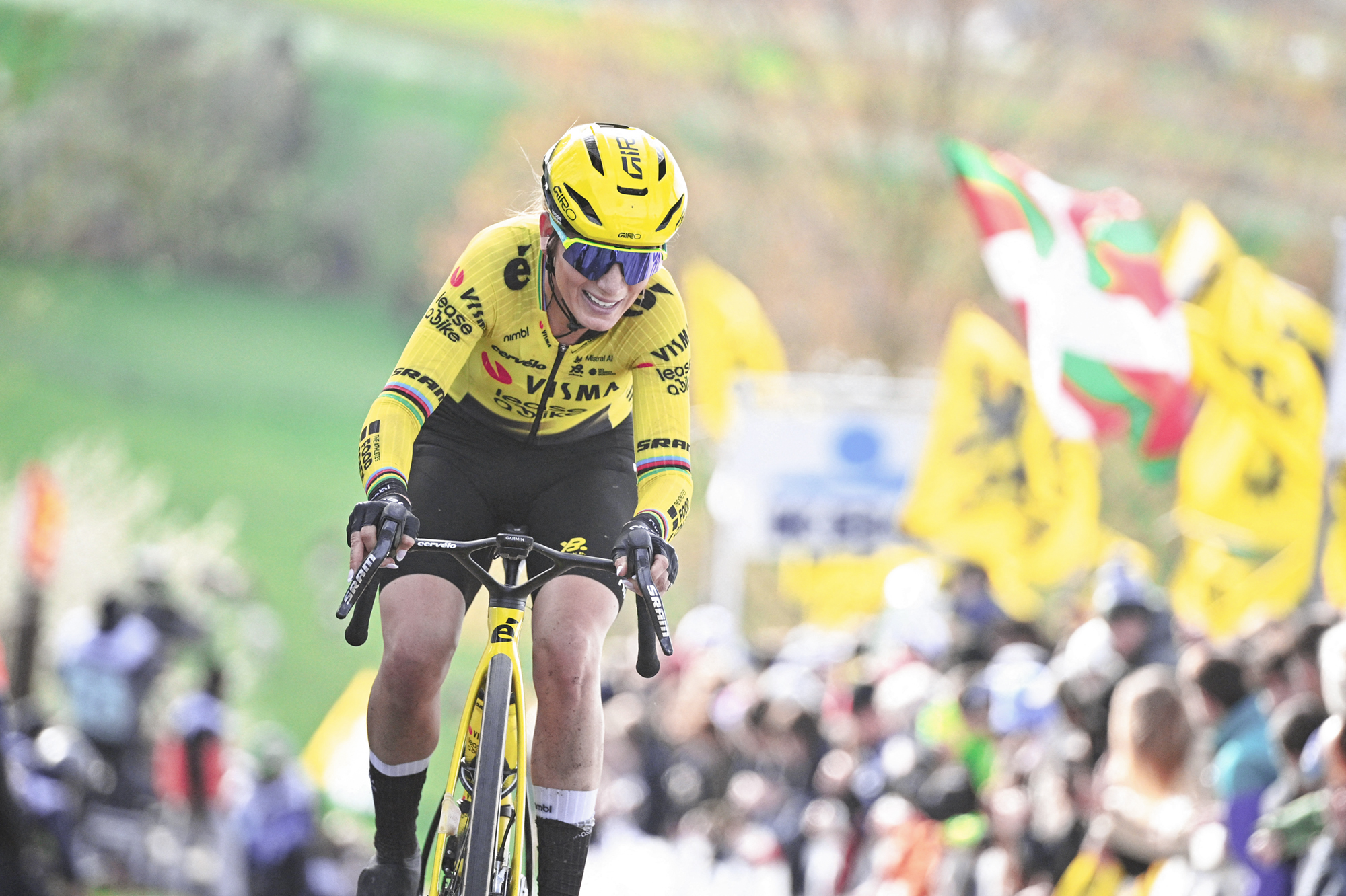 Pauline Ferrand-Prévot (Visma-Lease a Bike) racing solo at the 2026 Tour of Flanders, where she finished second