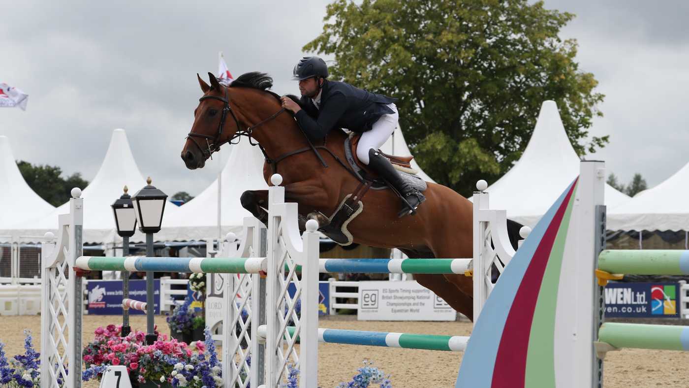 Ben Walker and Fygo Von D'Ouwe Grint win the national speed horse final at the British Showjumping national championships