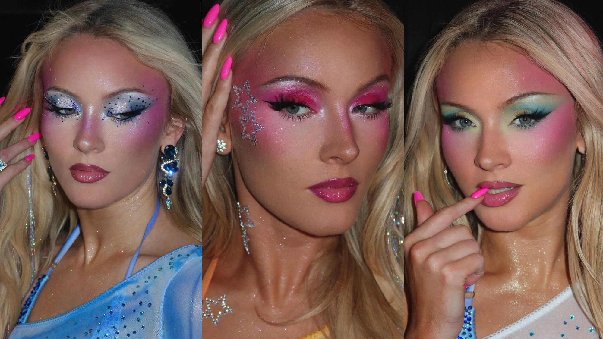 Collage of Zara Larsson's colorful, sparkly makeup by makeup artist Sophia Sinot.