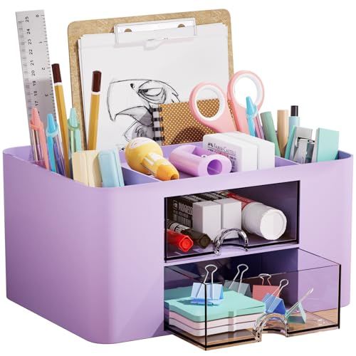 Marbrasse Pen Organizer With 2 Drawer, Multi-Functional Pencil Holder for Desk, Desk Organizers and Accessories With 5 Compartments + Drawer for Office Art Supplies (purple)