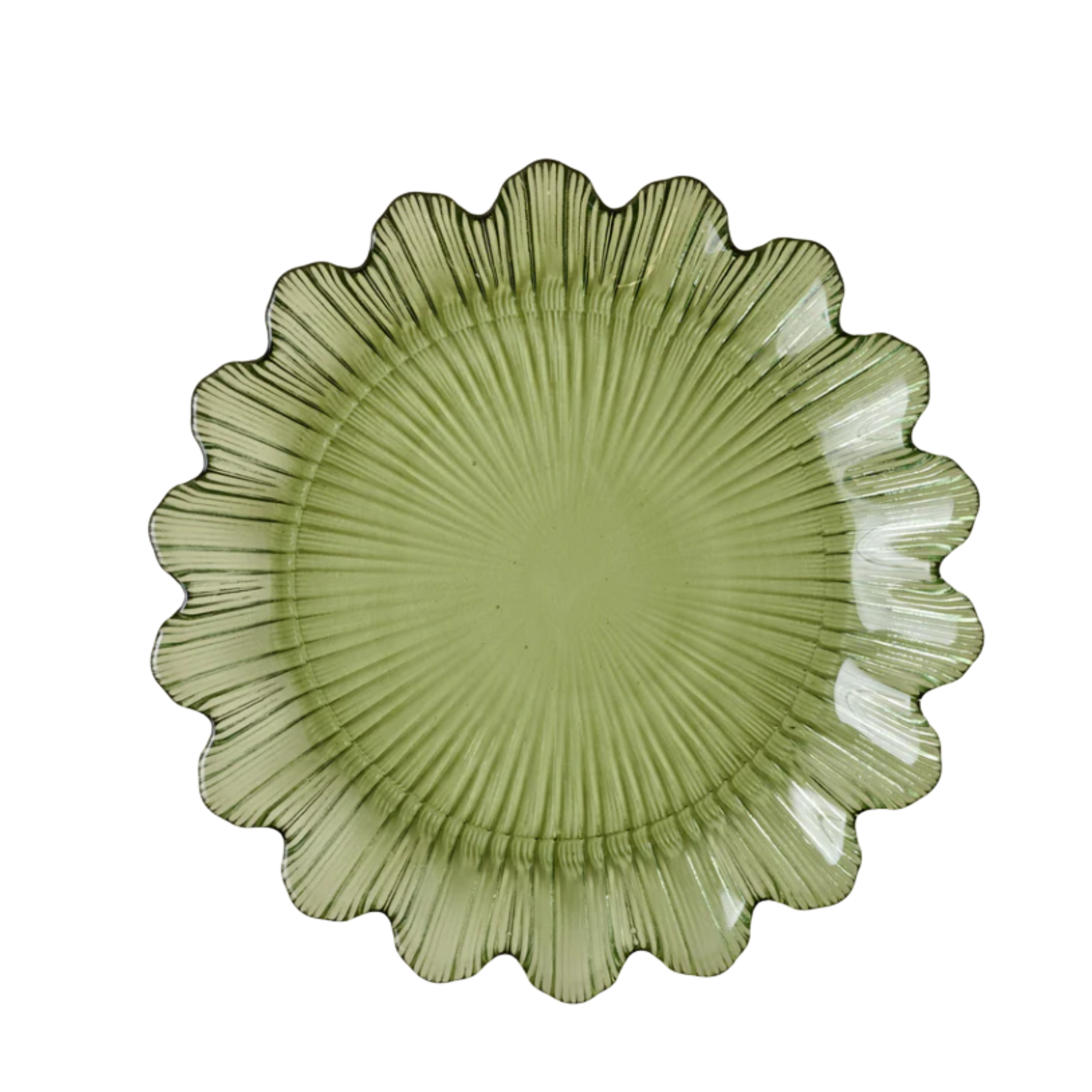 a green plate with a scallop rim