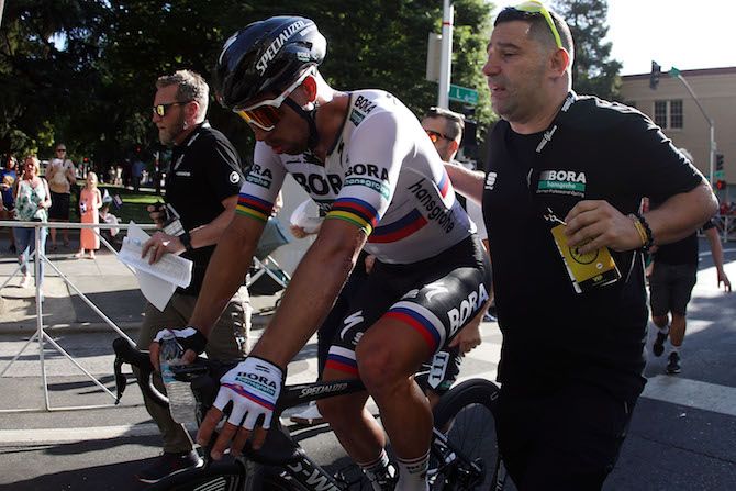 Peter Sagan (Bora-Hansgrohe) catches his breath, having won stage 1 of the 2019 Tour of California in Sacramento