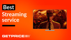 Red background with writing that says Best Streaming Service Get Price with TV screen on right hand side with image of Cillian Murphy from Oppenheimer on it