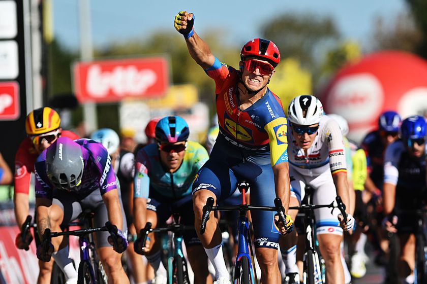 KOOLSKAMP, BELGIUM - SEPTEMBER 19: Jonathan Milan of Italy and Team Lidl - Trek celebrates at finish line as race winner ahead of (L-R) Dylan Groenewegen of Netherlands and Team Jayco AlUla and Tim Merlier of Belgium and Team Soudal Quick-Step during the 109th Kampioenschap van Vlaanderen 2025 a 180.2km one day race from Koolskamp to Koolskamp on September 19, 2025 in Koolskamp, Belgium. (Photo by Luc Claessen/Getty Images)