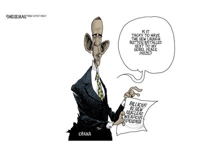 Obama cartoon Nobel prize nuclear war world