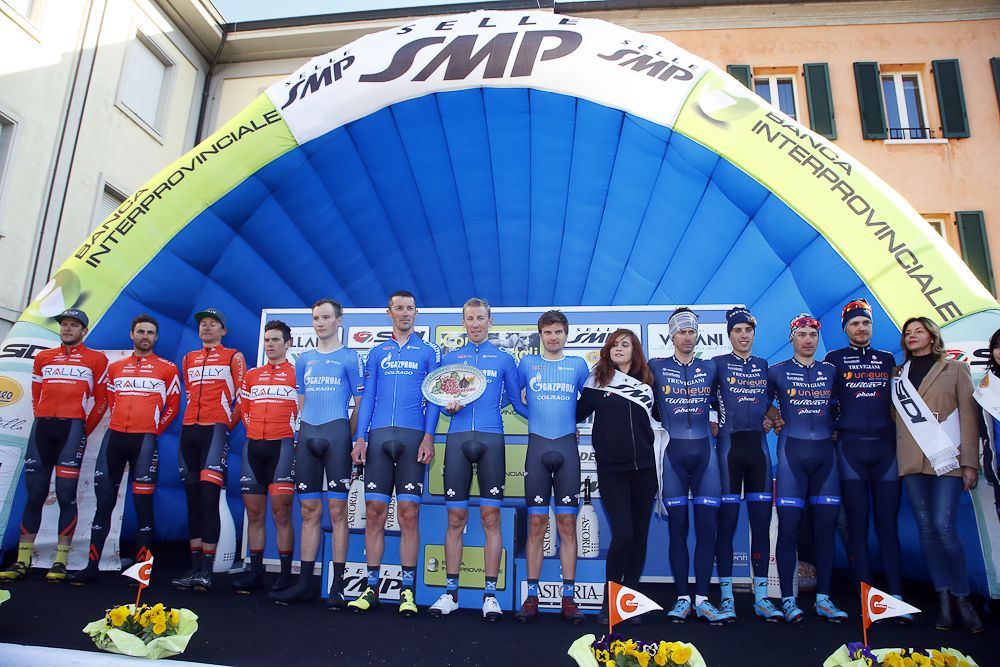 The team time trial podium at Coppi e Bartali