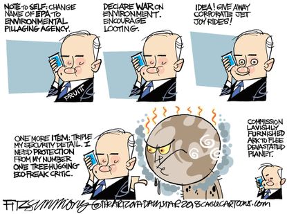 Political cartoon U.S. Scott Pruitt EPA scandals climate change environmentalism