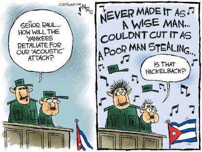 Political cartoon U.S. Cuban acoustic attack Nickelback