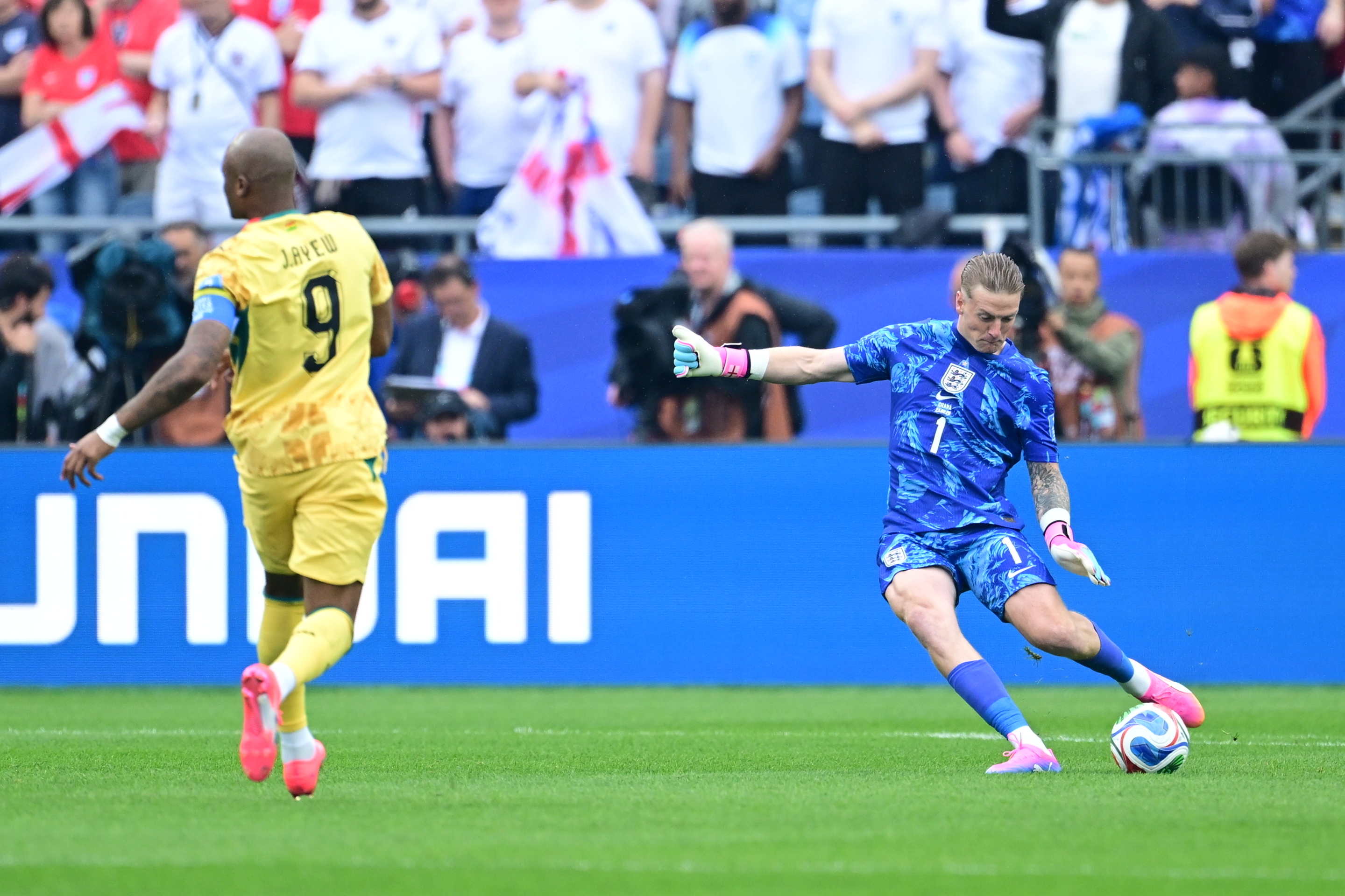 Jordan Pickford against Ghana mid-kick of a ball.