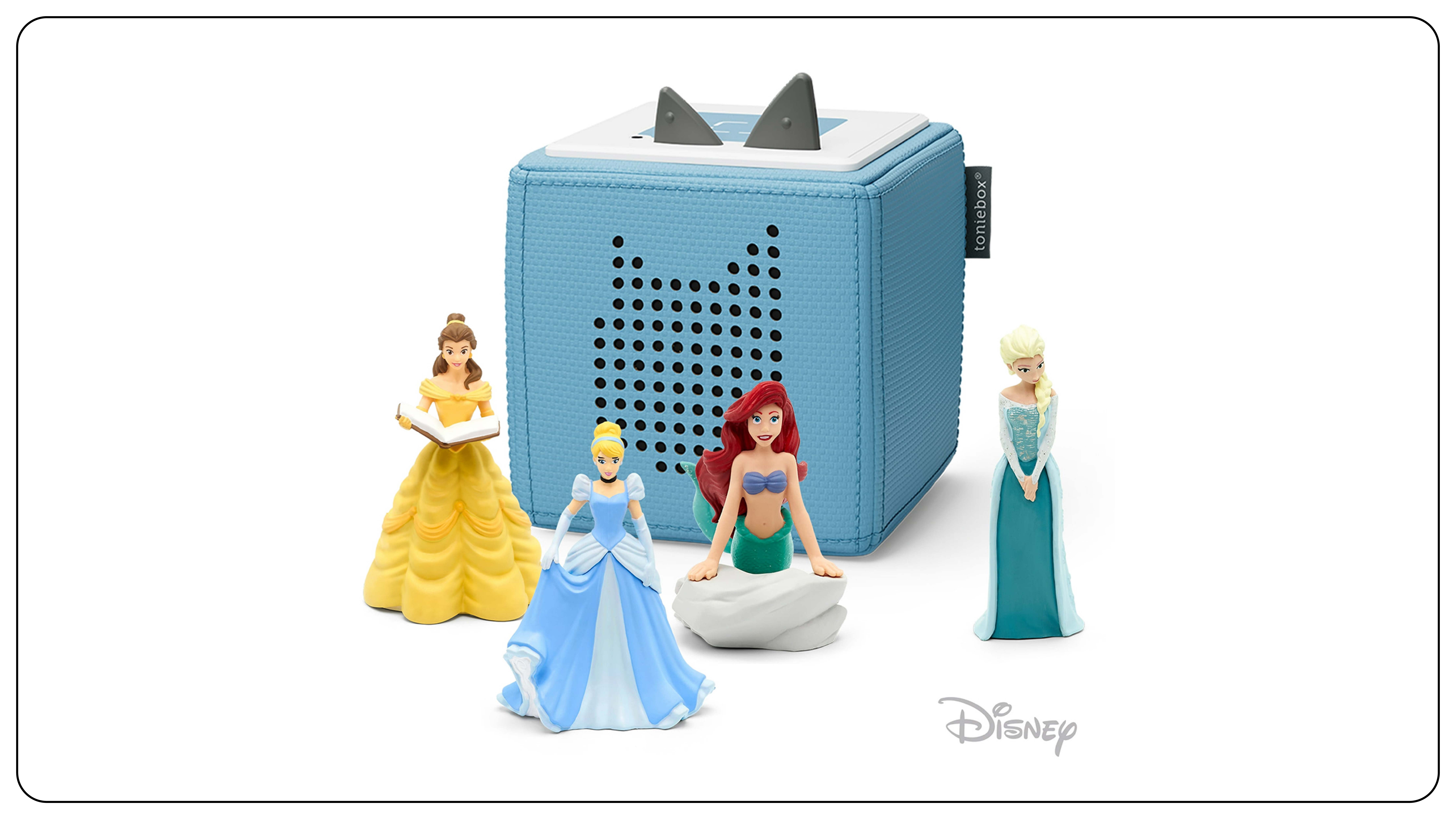 Toniebox with figures of Elsa, Ariel, Belle, and Cinderella