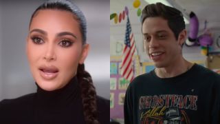 screenshots of Kim Kardashian on The Kardashians and Pete Davidson in The King of Staten Island