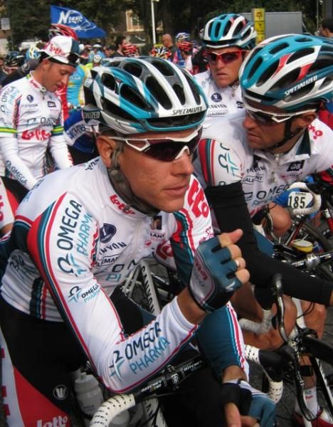 Big favourite Philippe Gilbert (Omega Pharma-Lotto) waits for the start with his teammates.