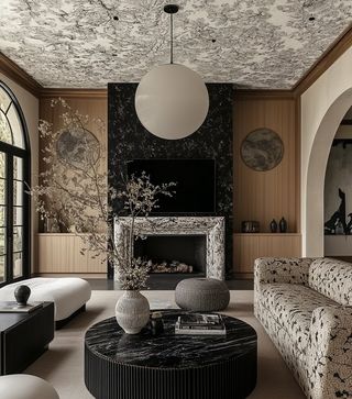 Elegant beige, black and white living room. There is a large globe pendant light hanging from the ceiling over a round black marble coffee table. On one side of the table, there is a black and white patterned sofa and on the other, there is a white ottoman and a black side table.