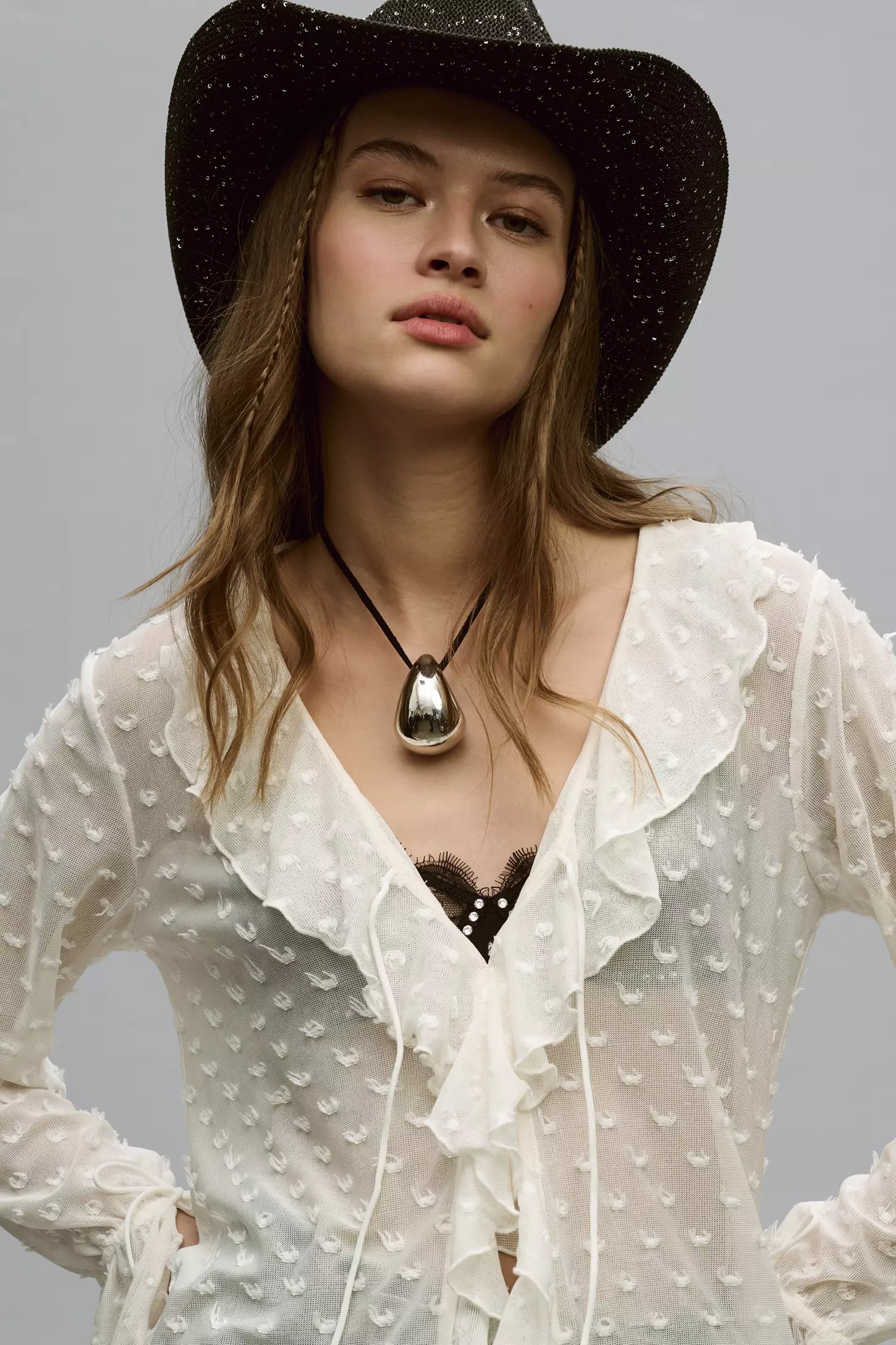 Anthropologie, By Anthropologie Long-Sleeve Sheer Textured Ruffle Blouse