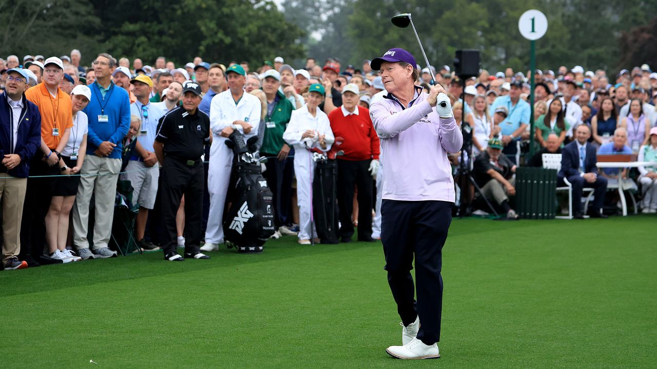 Tom Watson takes a ceremonial tee shot at the 2023 Masters