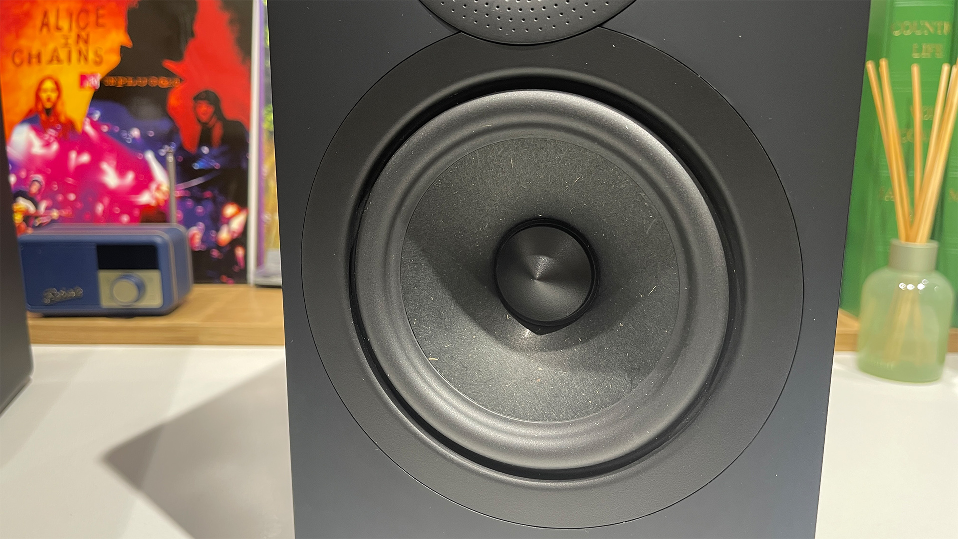 Acoustic Energy AE300 Mk2 standmount speakers close up on mid/bass unit