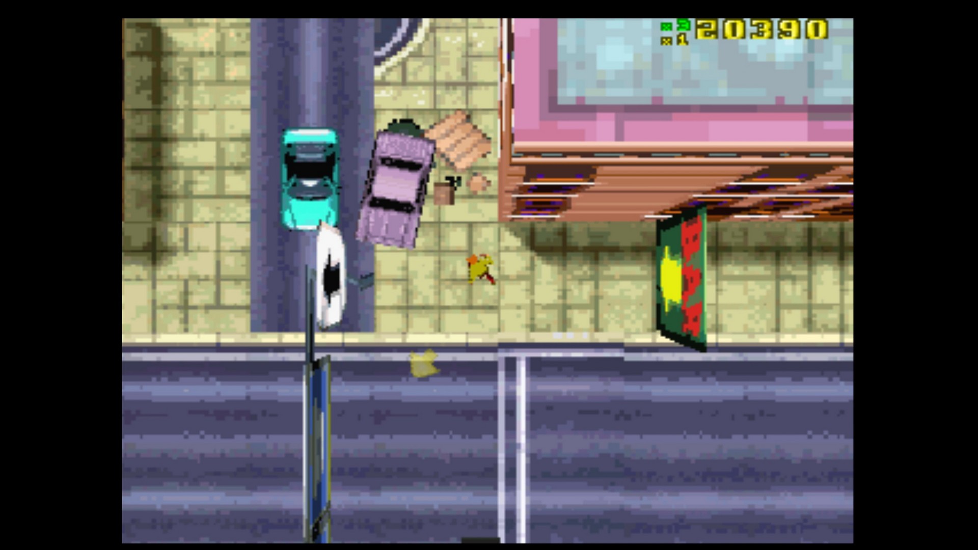 The player exits a crashed pink car in GTA on PS1