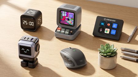 A selection of cool home office desk gadgets on a desk next to a small potted plant and some pens