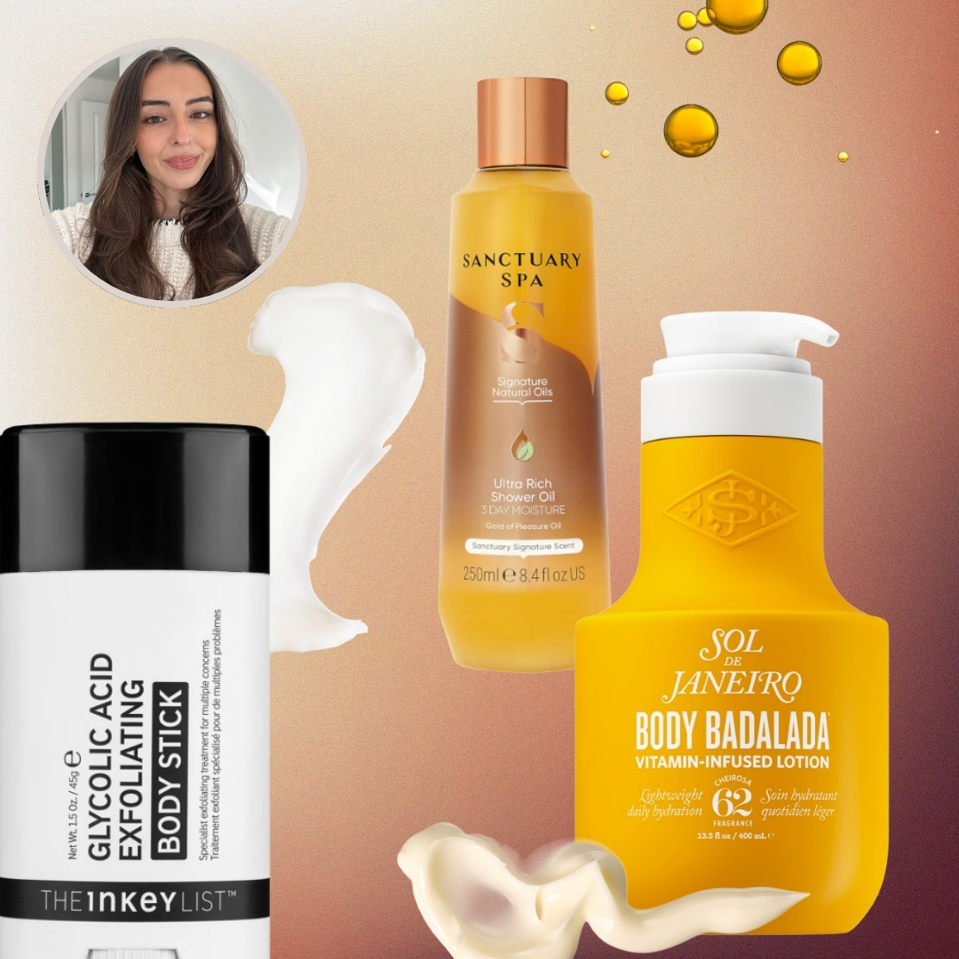 Digital Beauty Writer Sennen Prickett is pictured in the top left, along with a collage of her autumn bodycare favourites, including The Inkey List&#039;s Glycolic Acid Exfoliating Stick, Sanctuary Spa&#039;s shower oil and Sol de Janeiro&#039;s Body Badalada cream - featured in a brown, orange and cream gradient template with lotion swatches/