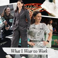 A graphic of Sandy Brondello New York Liberty Head Coach wearing outfits with basketball imagery and fashion items
