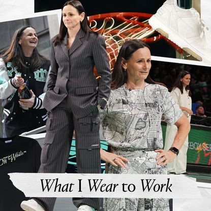 A graphic of Sandy Brondello New York Liberty Head Coach wearing outfits with basketball imagery and fashion items