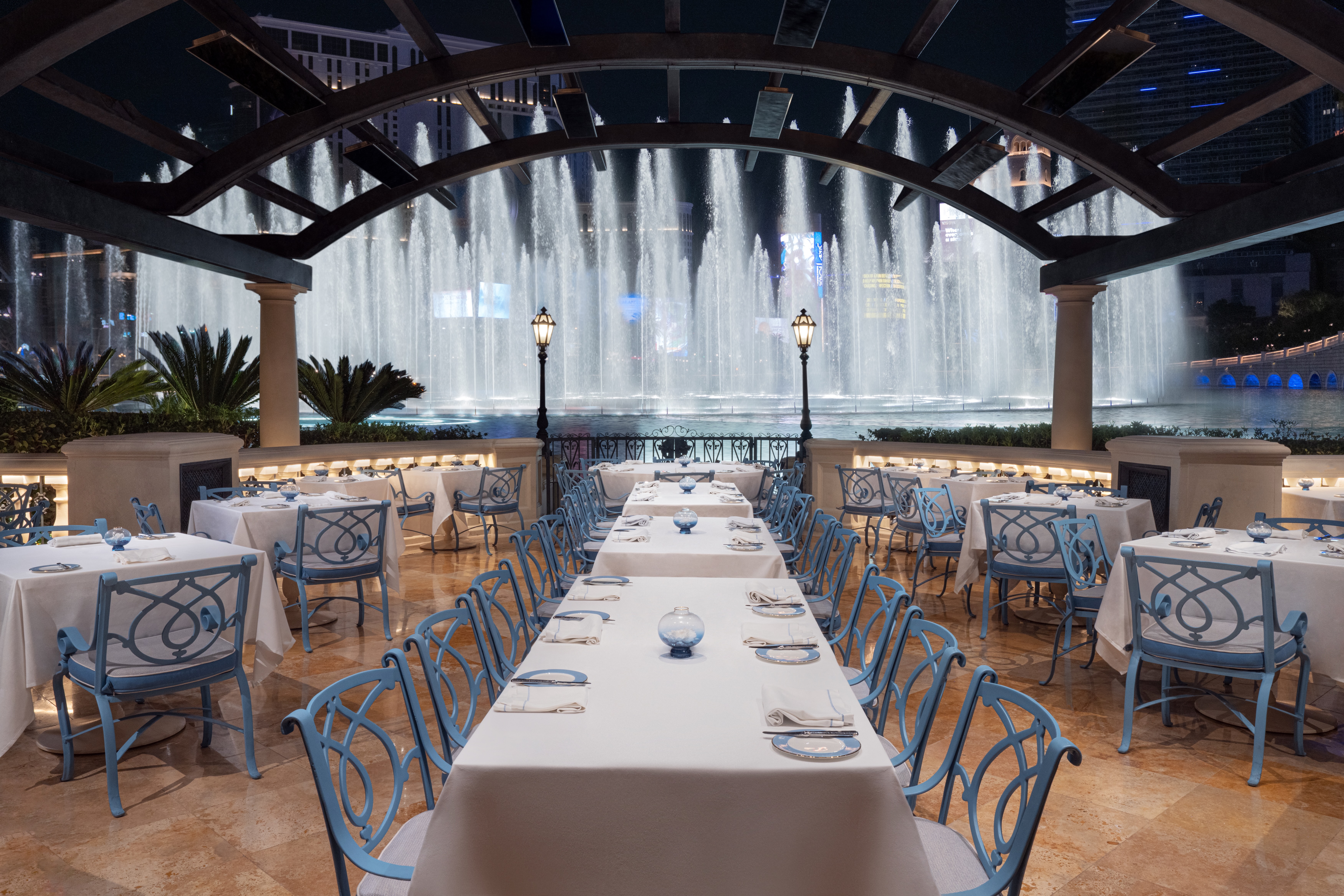 The Bellagio fountains as seen from the patio of Prime Steakhouse