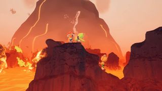 Three players in front of a volcano in Peak