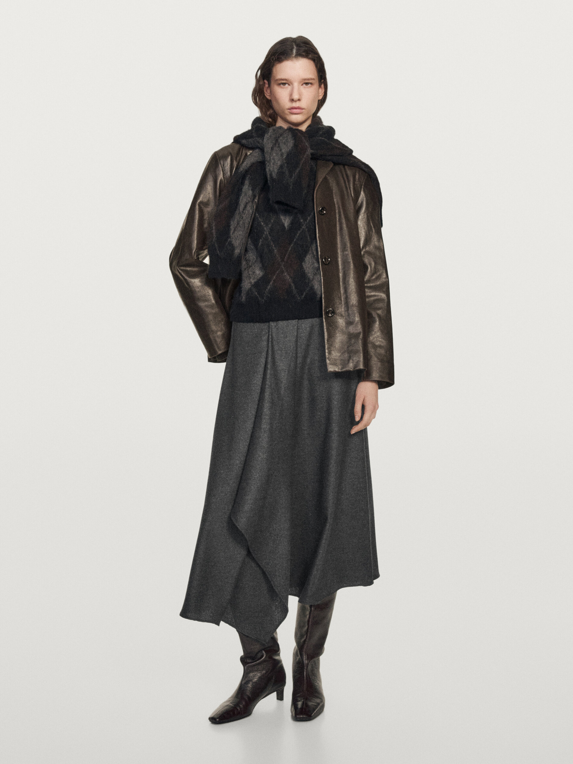 Flared Wool Blend Midi Skirt With Pleat