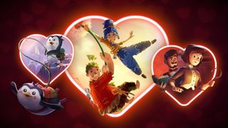 Showcasing Valentine's Day games: Three heart-shaped portals showing characters from the games "Bread and Fred," "It Takes Two," and "Escape Simulator."