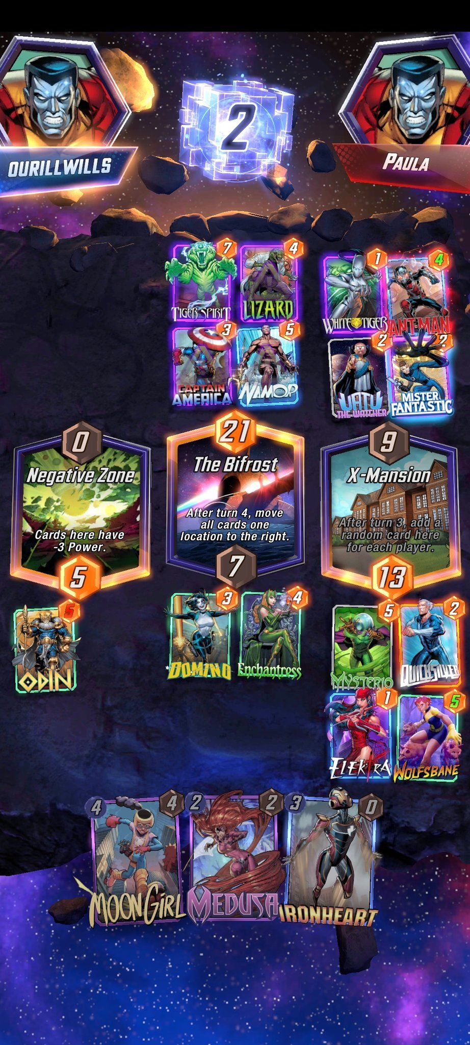 Screenshots from Marvel Snap, a card game by Second Dinner.