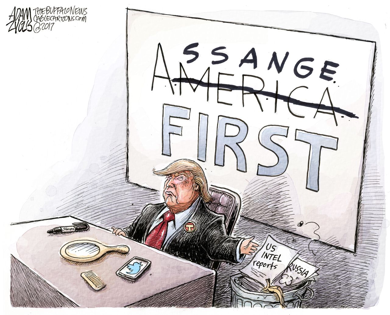 Political cartoon U.S. Donald Trump Julian Assange support