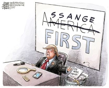 Political cartoon U.S. Donald Trump Julian Assange support