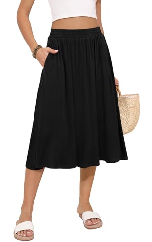 Mlxsj Women's Midi Skirt Summer Flowy Elastic High Waisted Casual Pleated Skirts With Pockets (black, L)