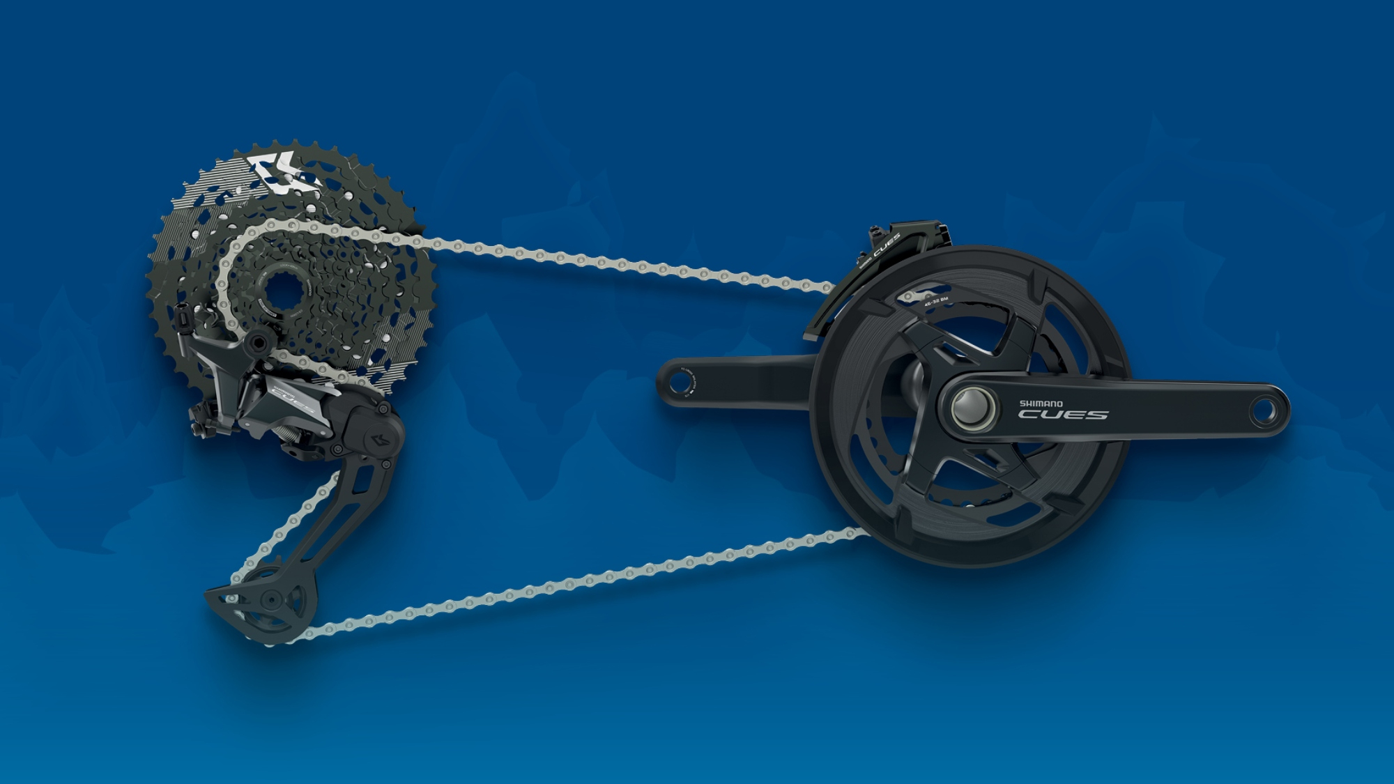 Shimano Cues groupset on a blue background