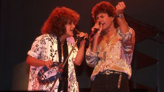 Grace Slick and Mickey Thomas of the Jefferson Starship at the Poplar Creek Music Theater in Hoffman Estates, Illinois, August 1, 1986. (Photo by Paul Natkin/Getty Images)