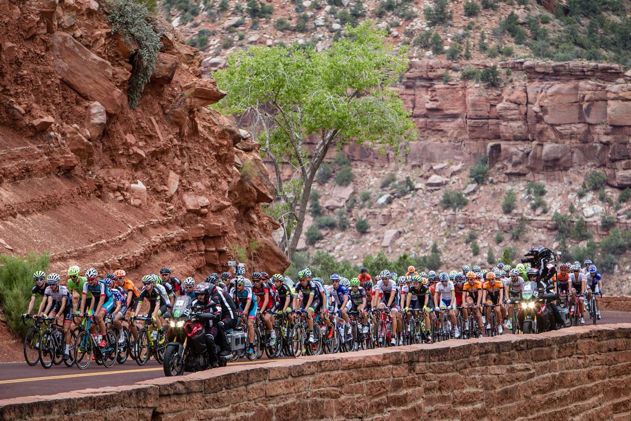 The peloton heads up another climb in Zion National Park