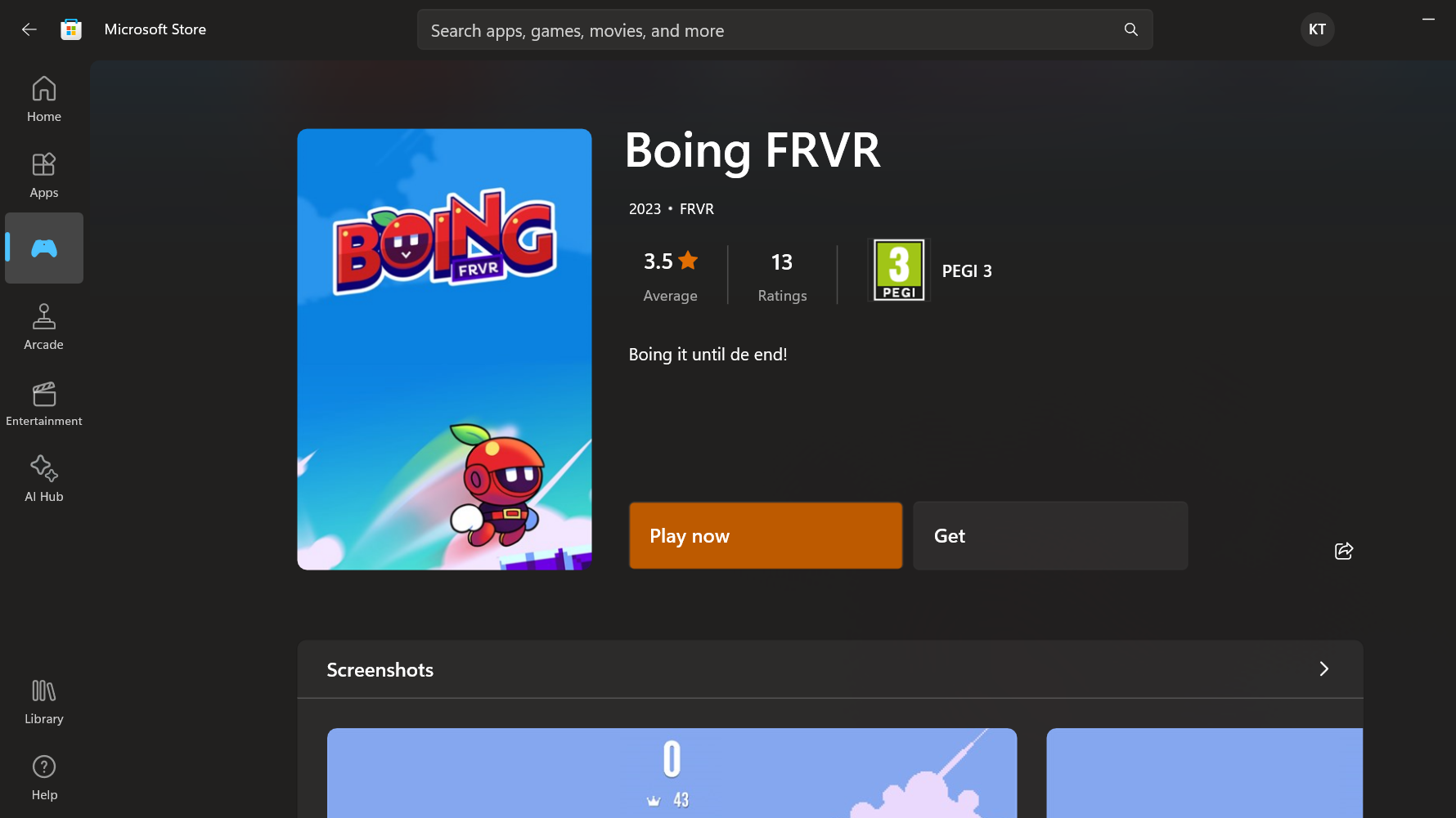 A screenshot of an Instant Game, Boing FRVR, in the Microsoft Store