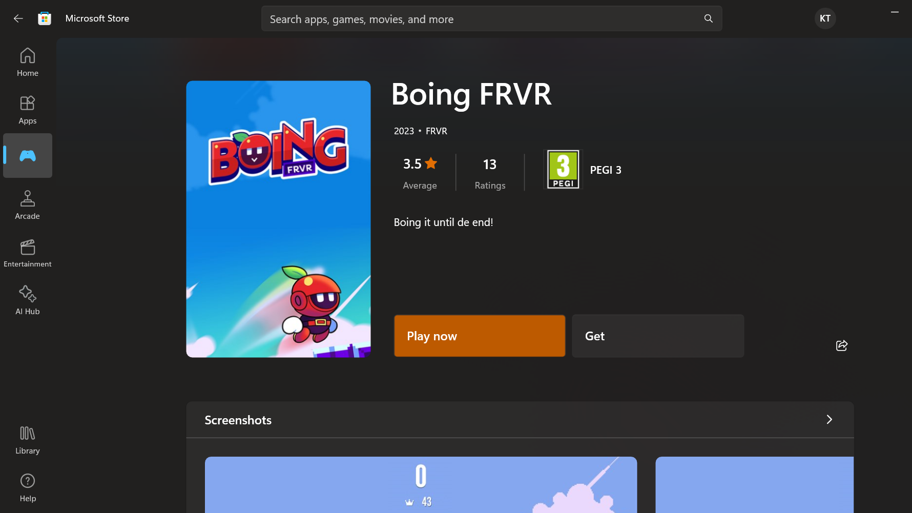 Una captura de pantalla de un juego instantáneo, Boing FRVR, en Microsoft Store