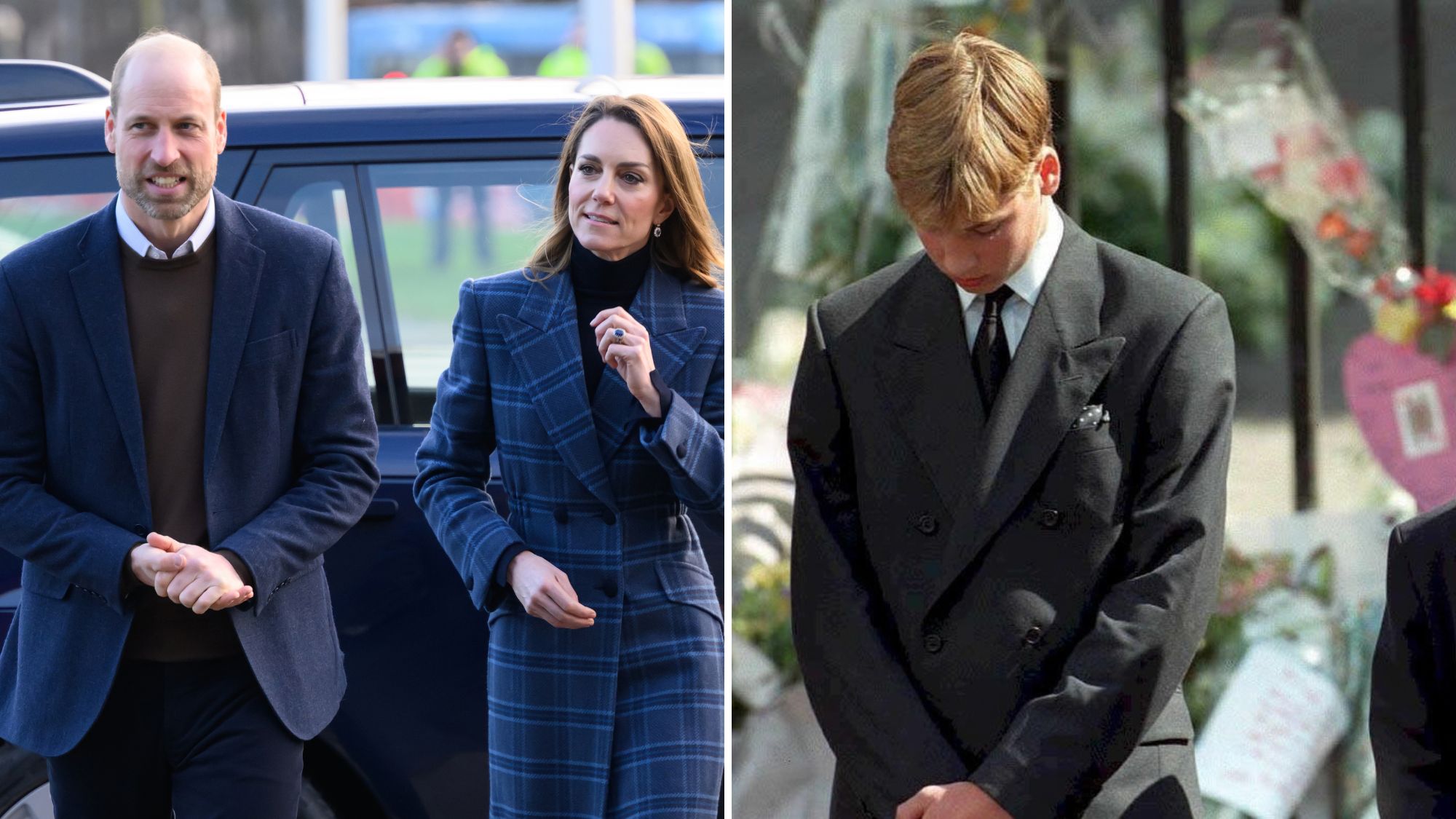 A composite of a picture of Prince William and Catherine in Scotland in 2026 and a picture of Prince William at Princess Diana's funeral in 1997